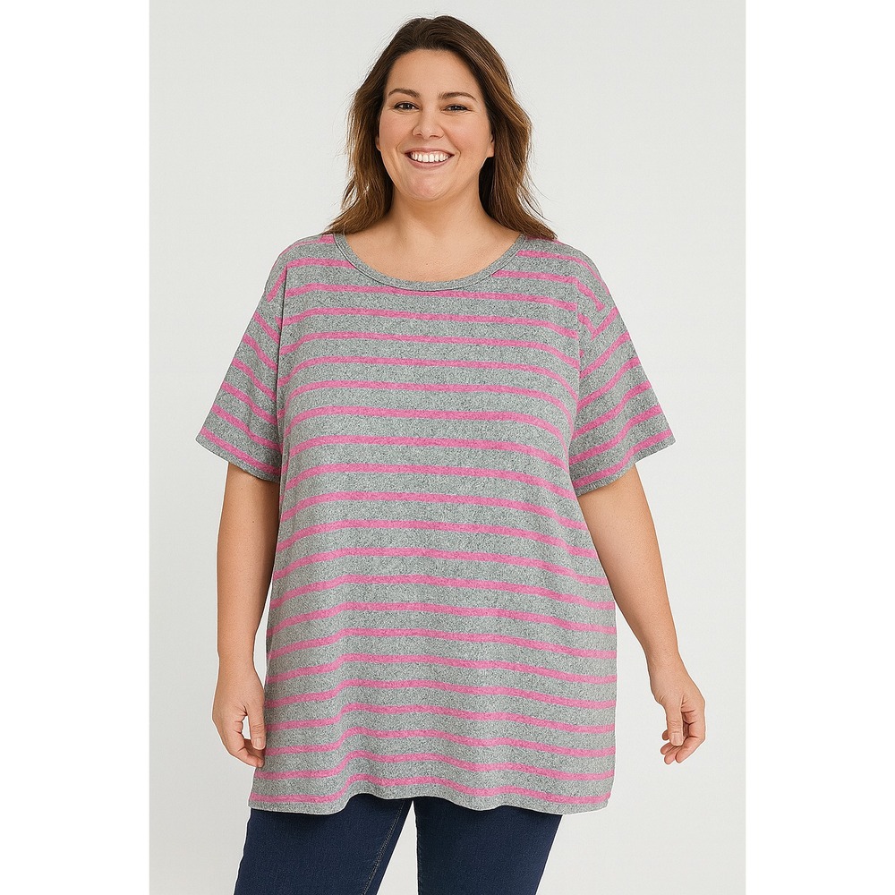 LANE BRYANT 2X Gray Pink Striped Short Sleeve Tunic Top Casual Soft Stretch Tee